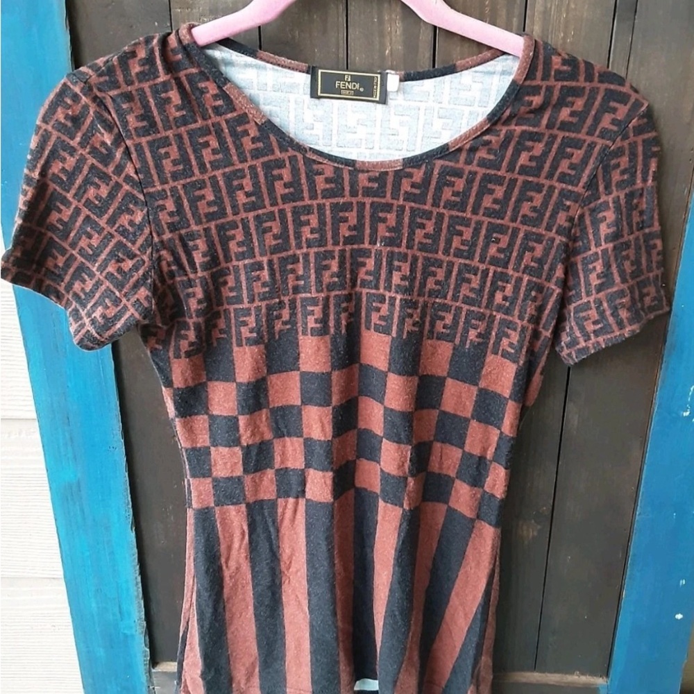 Fendi Brown and Black FF Logo Short Sleeve Knit Tee